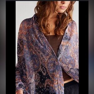Free People Paisley Print Pleated Lace Button Down Shirt size XL Black Purple